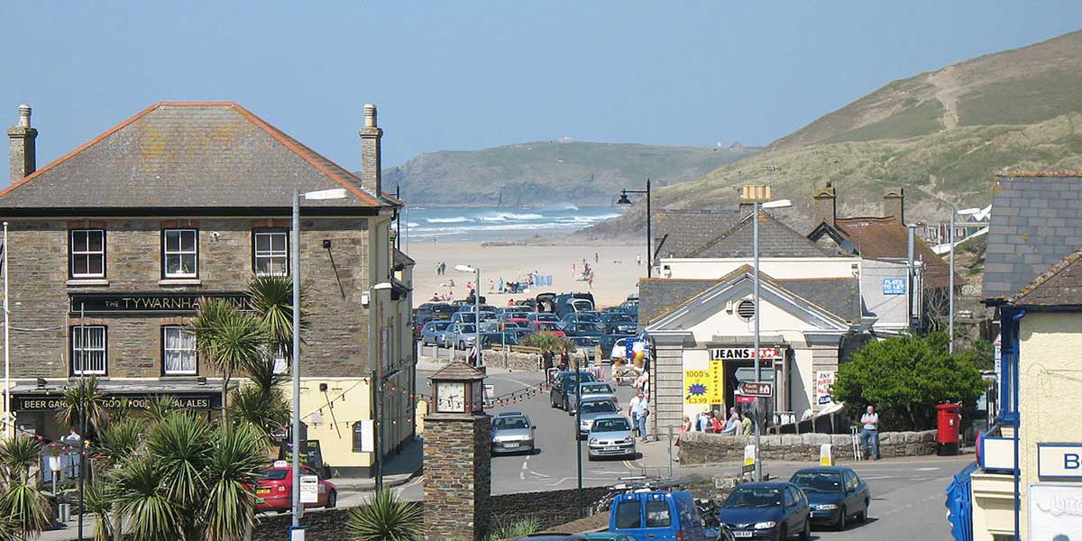 Perranporth village and beach from Sand Bay